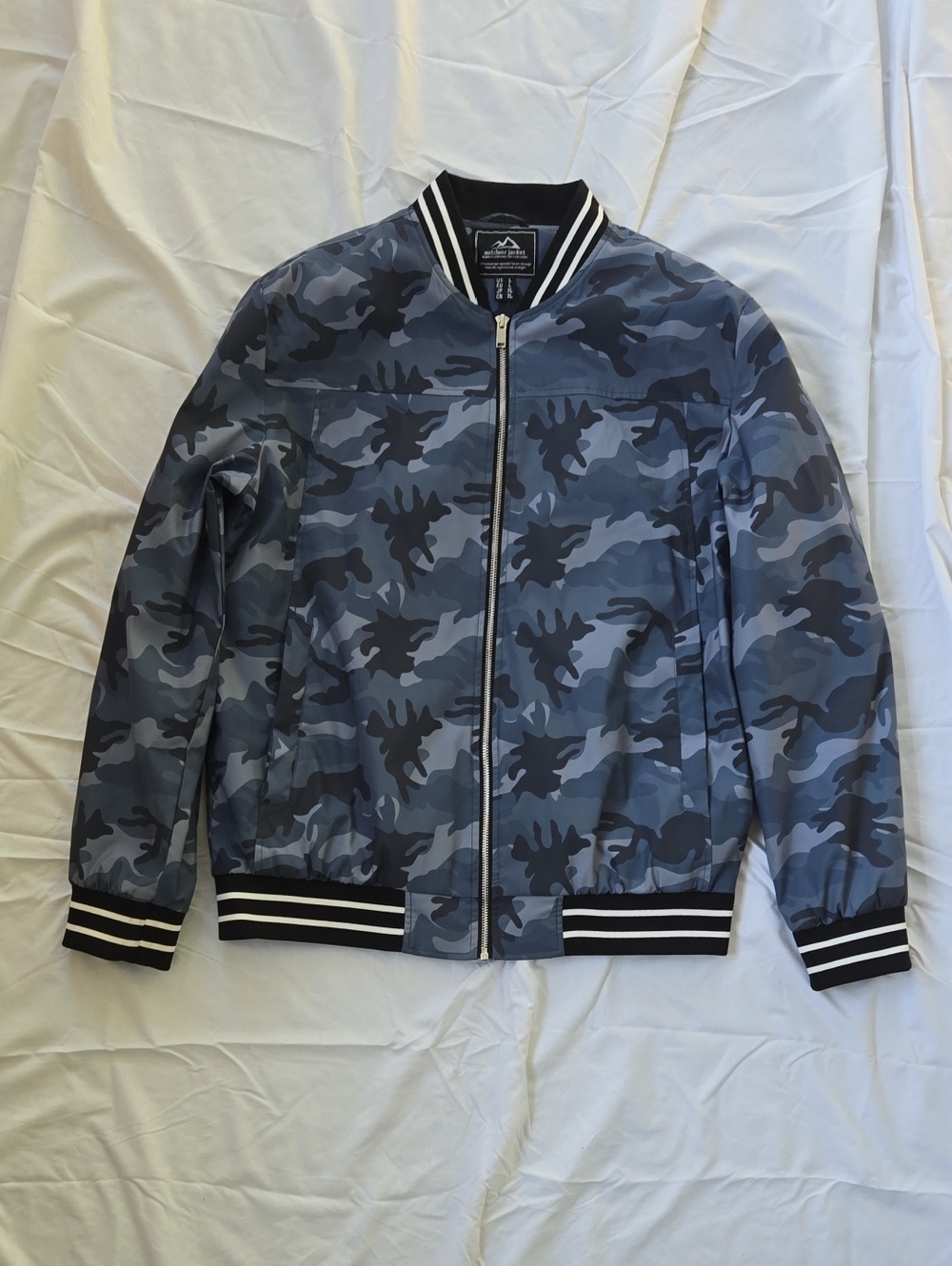 Men's Bomber Style Blue Camouflage Windbreaker Jacket Size L